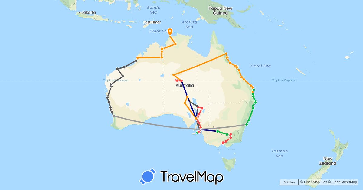 TravelMap itinerary: driving, bus, plane, hiking, hitchhiking, motorbike in Afghanistan, Australia, Indonesia (Asia, Oceania)